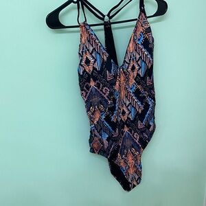 Black Geometric One-Piece Swimsuit with Blue & Pink Accents